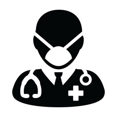 Health icon vector doctor with surgical face mask male person profile avatar symbol with stethoscope for medical consultation in Glyph Pictogram illustration