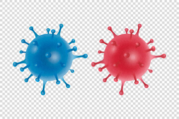 Vector 3d Realistic Blue and Red Coronavirus Bacteria, Cell Icon Set Closeup Isolated on Transparent Background. 2019-nCoV, Covid-2019, Covid-19. Infection and Dangerous Concept. Design Template