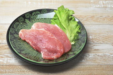 raw pork steaks on a plate with lettuce leaves
