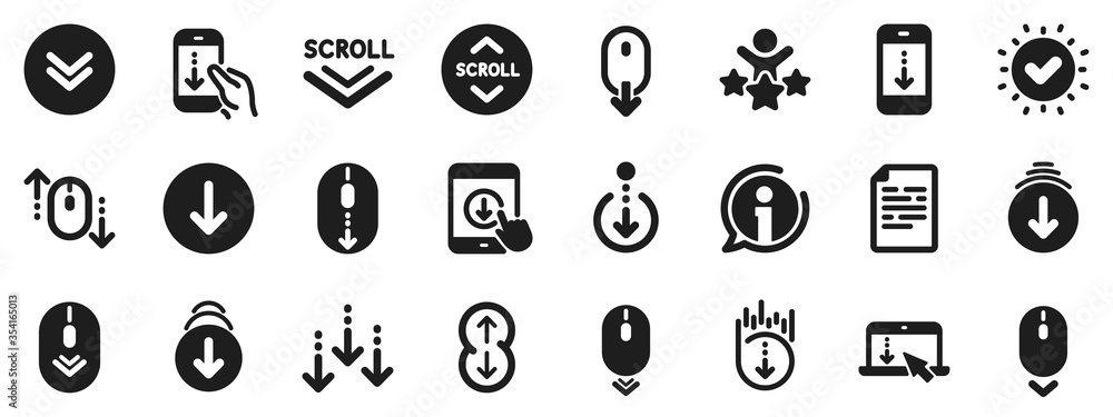 Poster scrolling mouse, landing page swipe signs. scroll down icons. mobile device technology icons. websit