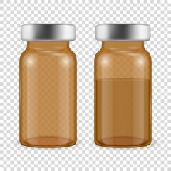 Vector 3d Realistic Brown Bottles of Vaccine Icon Set Closeup Isolated on Transparent Background. Drug Ampoule Design Template, Clipart, Mockup. Vaccination concept. Front View