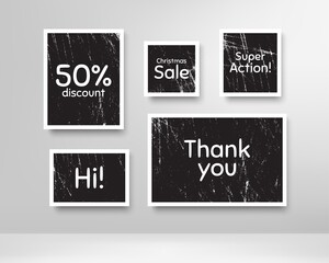 Super action, 50% discount and christmas sale. Black photo frames with scratches. Thank you phrase. Sale shopping text. Grunge photo frames. Images on wall, retro memory album. Vector