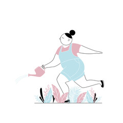Happy girl watering flowers from a watering can in his garden. Flat cartoon linear design. Vector illustration.
