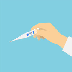 The hand holds a digital thermometer. Vector illustration in flat style