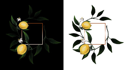 Set of frames with lemons and leaves with light gold squared frame on black and white backgrounds.