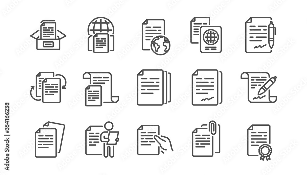 Poster documents line icons set. copy files, contract agreement, passport. cv interview, documents workflow