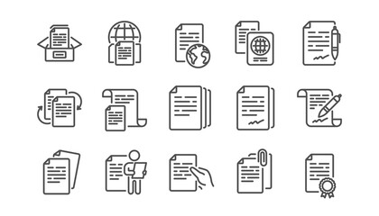 Documents line icons set. Copy files, Contract agreement, Passport. CV interview, documents workflow, attachment clip icons. Change files, bureaucracy and contract signature. Linear set. Vector