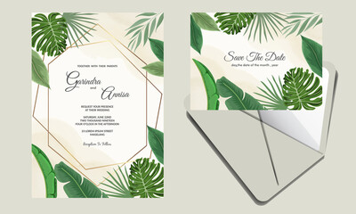 Wedding invitation card template set with tropical leaves decoration Premium Vector