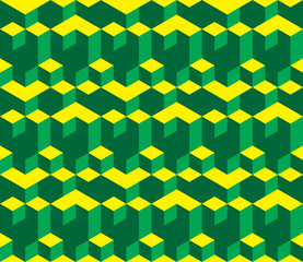 Isometric seamless vector pattern in Escher style. Bright geometric ornament of cubic building blocks with yellow and green surfaces. Illusion of volume. Modern 3d print of urban labyrinth.