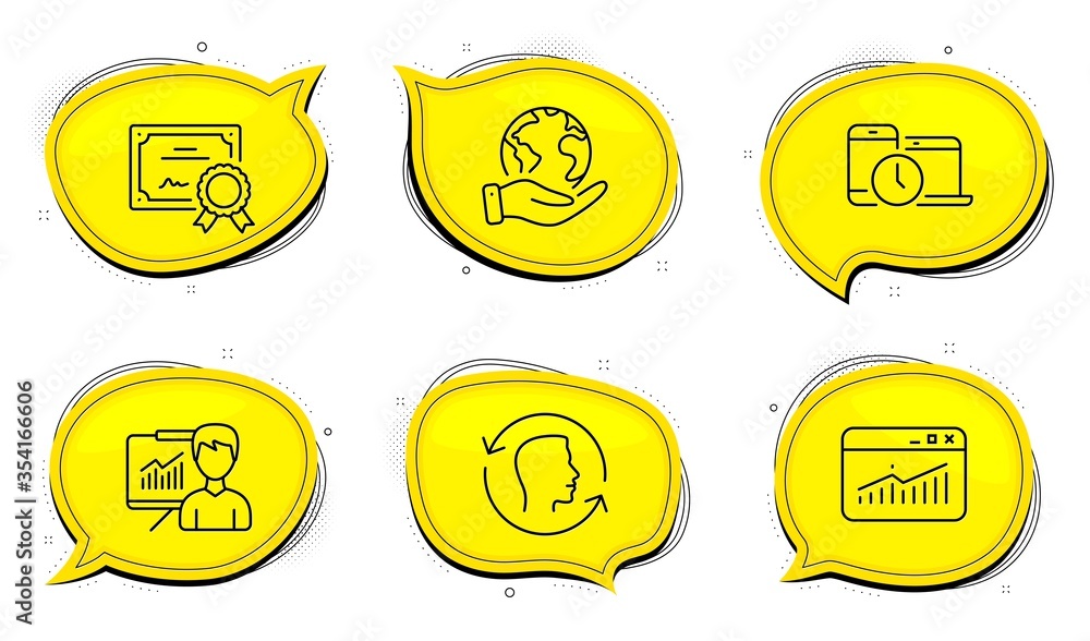 Poster presentation sign. diploma certificate, save planet chat bubbles. face id, time management and websi