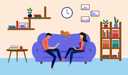 Work at home.  Man and woman working at home, coworking space, concept illustration. People at home in quarantine. Vector flat style illustration. Freelance or studying.