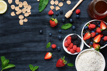 Background with berries, cereals and honey.