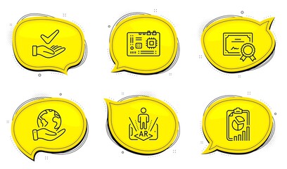 Report sign. Diploma certificate, save planet chat bubbles. Augmented reality, Motherboard and Dermatologically tested line icons set. Phone simulation, Computer component, Organic. Vector