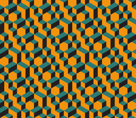 Isometric seamless vector pattern in Escher style. Bright geometric ornament of cubic building blocks with orange, teal and black surfaces. Illusion of volume. Modern 3d print of urban labyrinth.