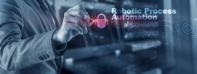RPA Robotic Process Automation. Technology concept on virtual screen. Ai algorithm analyze Business.