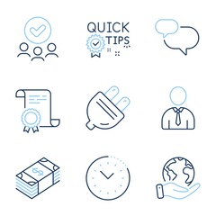 Electric plug, Human and Quick tips line icons set. Diploma certificate, save planet, group of people. Chat message, Time management and Usd currency signs. Vector