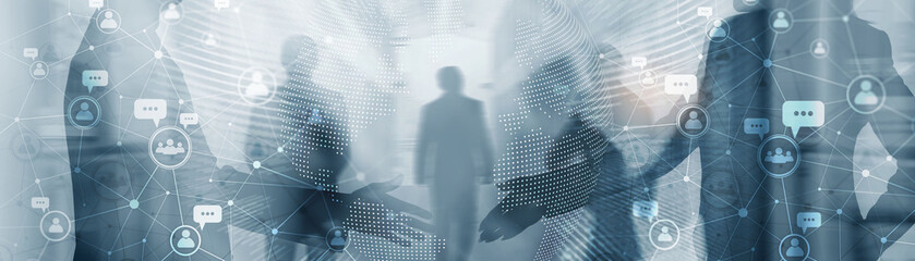 Obraz premium People message icons talk on abstract background with people silhouettes. Social media network.