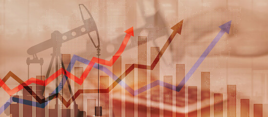 Growth in the oil market. Oil rigs oil barrel and up arrow. Resource Concept.