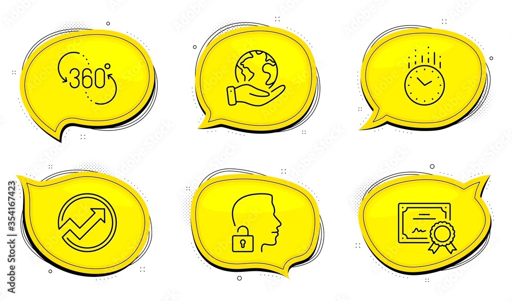 Poster unlock system sign. diploma certificate, save planet chat bubbles. 360 degree, time and audit line i
