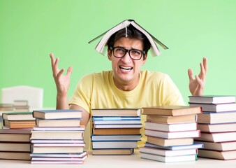 Student with too many books to read before exam