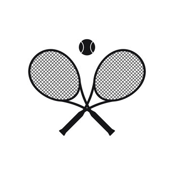 Vector black flat cartoon crossed tennis racket and ball isolated on white background