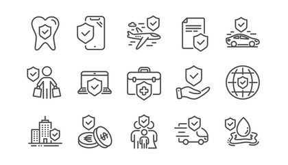 Insurance line icons set. Family care, risk, help service. Car accident, flood insurance, flight protection icons. Safety document, money savings, delivery risk. Car full coverage. Linear set. Vector