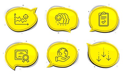 Checklist sign. Diploma certificate, save planet chat bubbles. Scroll down, Seo analysis and Employees teamwork line icons set. Swipe screen, Targeting chart, Collaboration. Survey. Vector