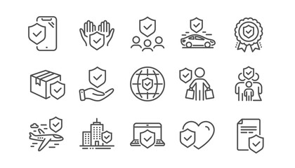Insurance line icons set. Health care, risk, help service. Car accident, travel insurance, flight protection icons. Safety document, delivery risk. Car full coverage. Linear set. Vector