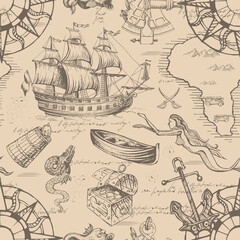 Vector abstract seamless pattern on the theme of travel, adventure and discovery. Vintage repeating background with hand-drawn sailboats, map, anchors and sea monsters.