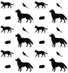 Vector seamless pattern of black sketch pets animals silhouette isolated on white background