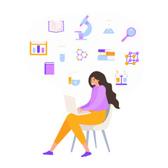 Cartoon student studying chemistry on a laptop - online educational poster with a person and scientific laboratory equipment. Online class, webinar. Vector illustration of a girl studying science.