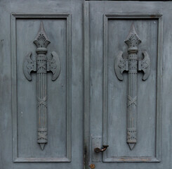 Fragment of historic doorways of Michael Manege (Zimniy Stadion) decorated with bas-relief military...