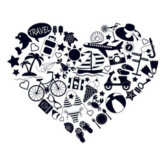 set of black icons of travel, vacation and leisure located in the form of a heart isolated on a white background