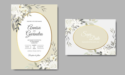  Elegant wedding invitations card template with white floral and leaves Premium Vector