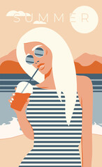 Girl in a dress at the sea drimk lemoande. Poster in retro style. Vector illustration
