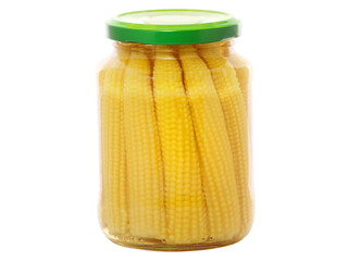 Jar of canned baby corn isolated on white 