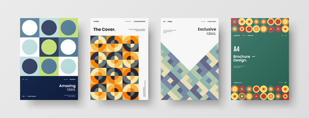 Obraz premium Company identity brochure template collection. Business presentation vector A4 vertical orientation front page mock up set. Corporate report cover abstract geometric illustration design layout bundle.