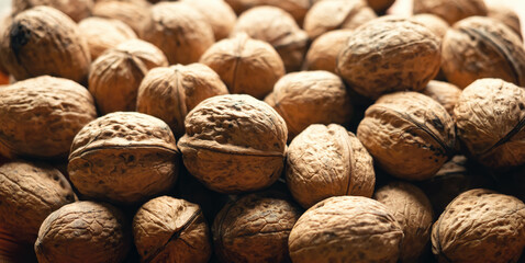 Heap of whole walnuts - full frame natural pattern background detail. Close up of a brown surface texture of walnut shells. Healthy organic food, BIO viands, back to nature concept. Copy space