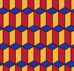 Isometric seamless vector pattern. Bright geometric ornament of cubic building blocks with orange, red and blue surfaces and black contour. Illusion of volume. Simple geometric print perfect for kids.