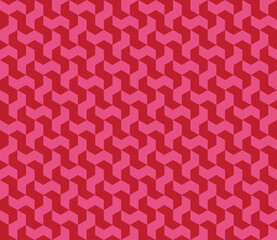Isometric seamless vector pattern in Escher style. Monochrome geometric ornament of cubic building blocks with pink and magenta surfaces. Illusion of volume. Modern 3d print of urban labyrinth.