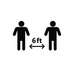 Vector flat black 6 feet coronavirus pandemic social distance icon isolated on white background