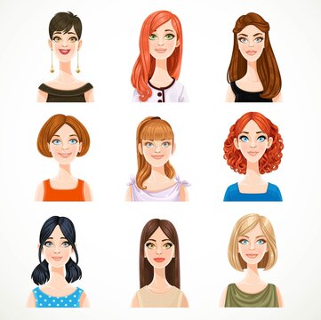 Portraits of avatars of cute different women isolated on a white background