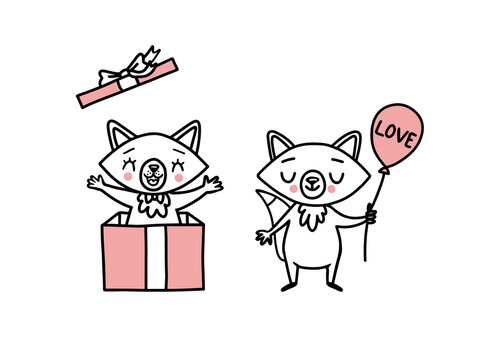 Cute doodle vector foxes with heart balloons, a gift box for holidays
