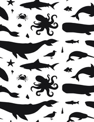 Vector seamless pattern of black hand drawn doodle sketch sea animals and fish silhouette isolated on white background