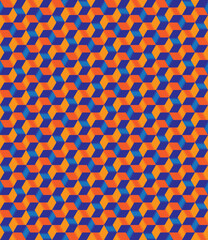 Isometric seamless vector pattern in Escher style. Bright geometric ornament of cubic building blocks with orange, yellow and blue surfaces. Illusion of volume. Modern 3d print of urban labyrinth