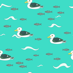 Marine seamless vector pattern whith birds.Seagulls,fishes.waves on blue background.Can be used for textile, wrapping,T-shirts ,decor, raincoat, 
rubber boots.