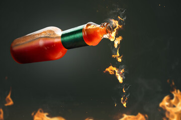 Burning hot chili sauce dripping from a bottle
