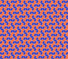 Isometric seamless vector pattern in Escher style. Bright geometric ornament of cubic building blocks with orange and purple surfaces. Illusion of volume. Modern 3d print of urban labyrinth.