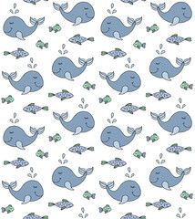 Fototapeta premium Vector seamless pattern of colored hand drawn doodle sketch fish and whale isolated on white background