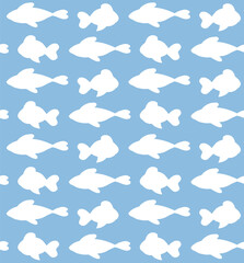 Vector seamless pattern of blue doodle sketch fish silhouette isolated on white background	